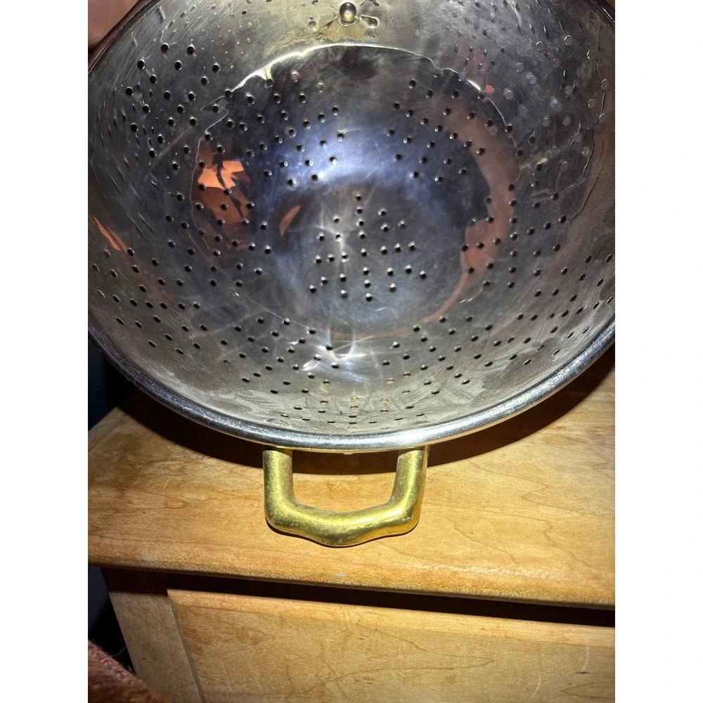 Old Dutch International Vintage Copper Colander Wood Handle Brass Helper Korea